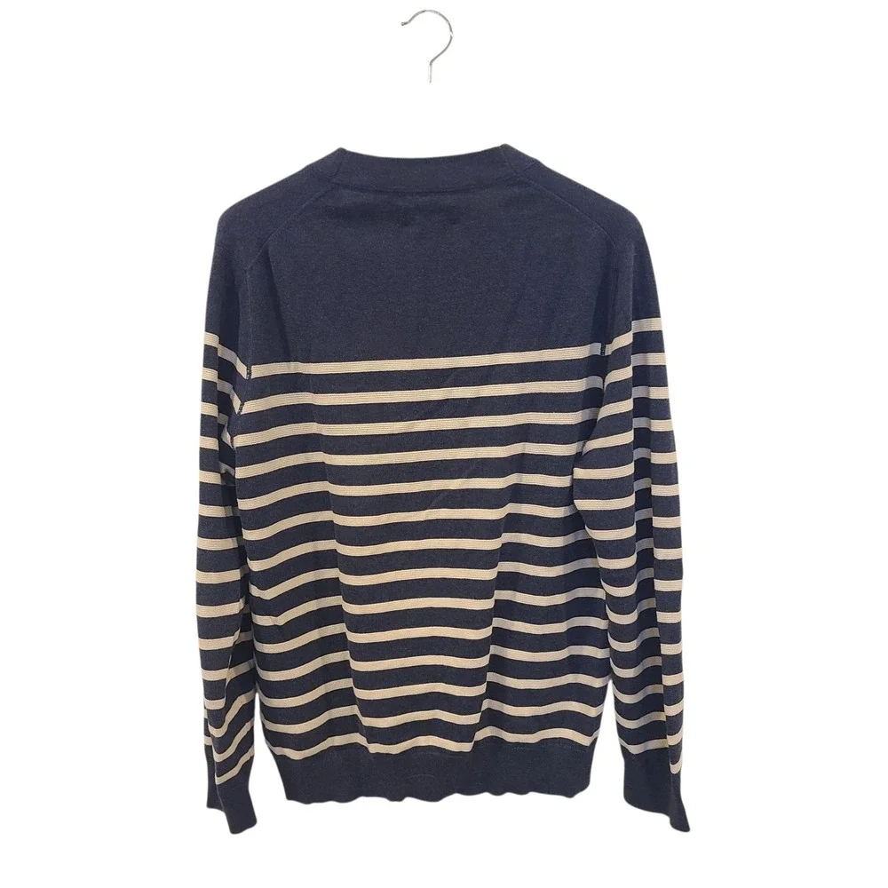 Wallin & Bros Mens Navy Blue Striped Cotton V-Neck‎ Button Cardigan Sweater L